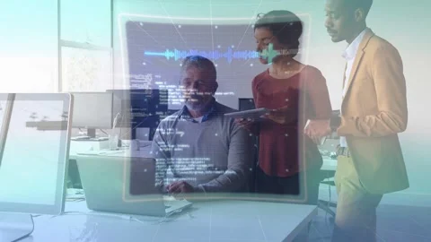 Team typing and pointing, sparking HUD waveform and code layers merging with Stock Footage 333155017