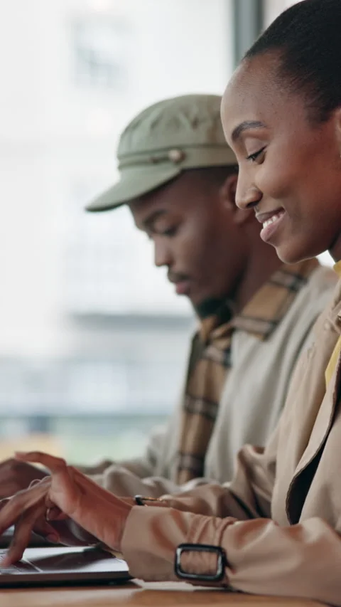 Team, typing and remote work in cafe with laptop, research or creativity for Stock Footage 336713418