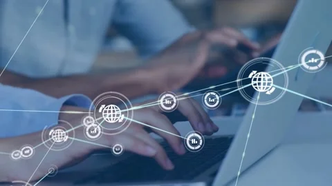 Team typing, causing digital globe and business data nodes growing into network Stock Footage 334115749