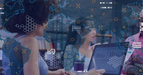 Team typing initiating world map overlay exchanging markers as pulsing data Stock Footage 327536216