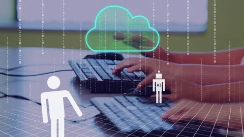 Team typing at keyboards, spawning neon cloud, human or AI avatars, streaming Stock Footage 334788782