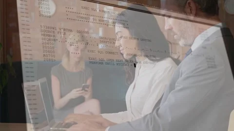 Team typing laptop, causing console overlay while reviewing code in tech Stock Footage 328485451