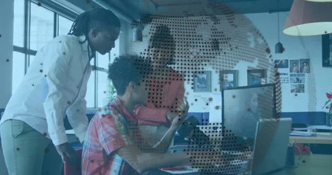 Team typing laptop commands after colleague pointing at LCD while finalizing 動画素材 310430411