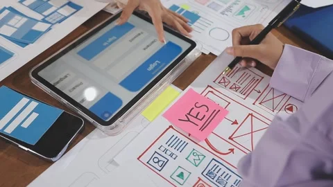 Team of UI UX web designer are working together to develop mobile responsiv.. Stock Footage 310534566