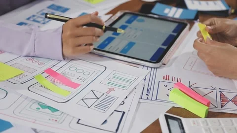 Team of UI UX web designer are working together to develop mobile responsiv.. Stock Footage 310534613