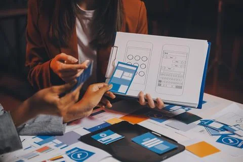 Team of UI UX web designer are working together to develop mobile responsiv.. Foto stock