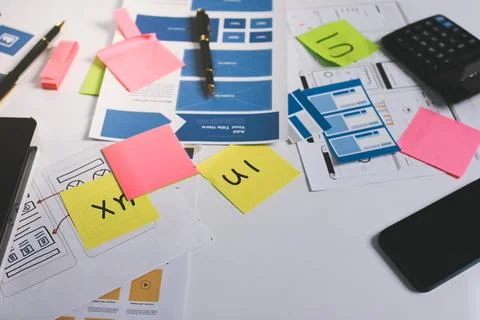 Team of UI UX web designer are working together to develop mobile responsiv.. 스톡 사진