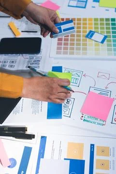 Team of UI UX web designer are working together to develop mobile responsiv.. Stockfoto's
