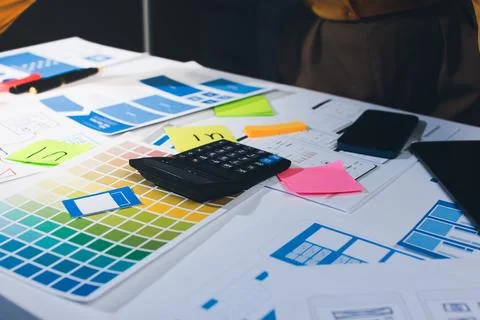 Team of UI UX web designer are working together to develop mobile responsiv.. Stockfoto's