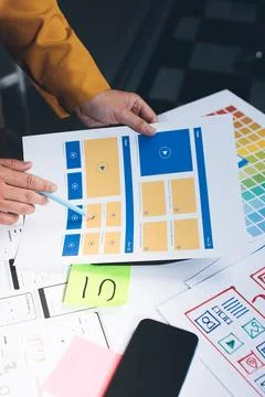 Team of UI UX web designer are working together to develop mobile responsiv.. 写真素材