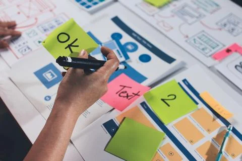 Team of UI UX web designer are working together to develop mobile responsiv.. Stock Photos