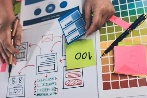 Team of UI UX web designer are working together to develop mobile responsiv.. Stock Photos