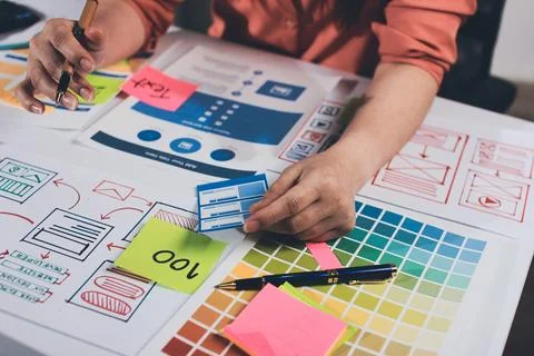 Team of UI UX web designer are working together to develop mobile responsiv.. Stock Photos