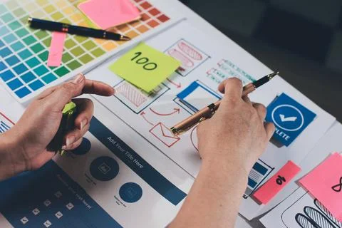 Team of UI UX web designer are working together to develop mobile responsiv.. 库存照片