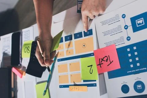 Team of UI UX web designer are working together to develop mobile responsiv.. 库存照片