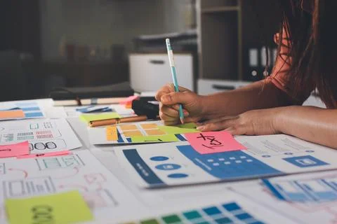 Team of UI UX web designer are working together to develop mobile responsiv.. Stock Photos