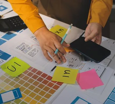 Team of UI UX web designer are working together to develop mobile responsiv.. Stock Photos