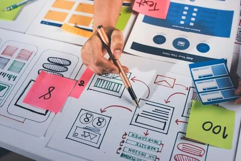 Team of UI UX web designer are working together to develop mobile responsiv.. 스톡 사진