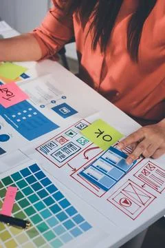Team of UI UX web designer are working together to develop mobile responsiv.. 库存照片