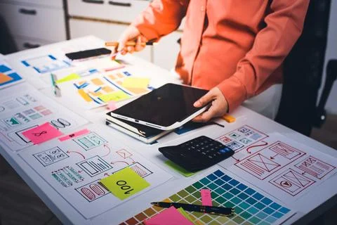 Team of UI UX web designer are working together to develop mobile responsiv.. 库存照片