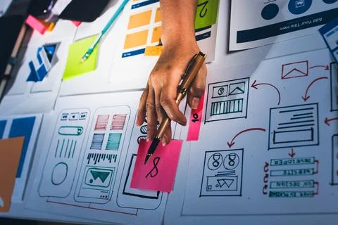 Team of UI UX web designer are working together to develop mobile responsiv.. Stock Photos