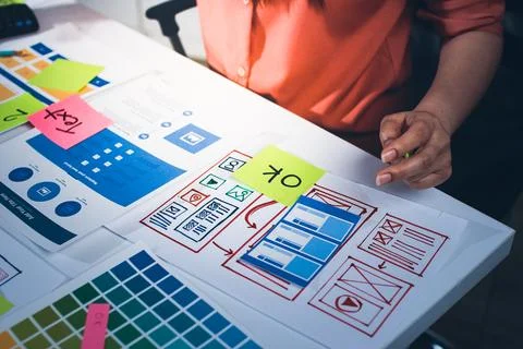 Team of UI UX web designer are working together to develop mobile responsiv.. 스톡 사진