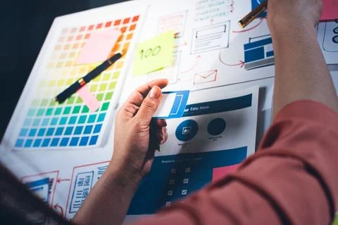 Team of UI UX web designer are working together to develop mobile responsiv.. 스톡 사진