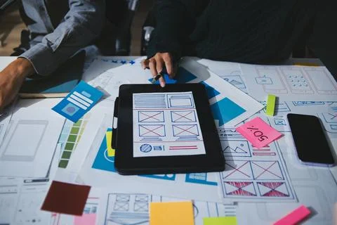 Team of UI UX web designer are working together to develop mobile responsiv.. Foto stock