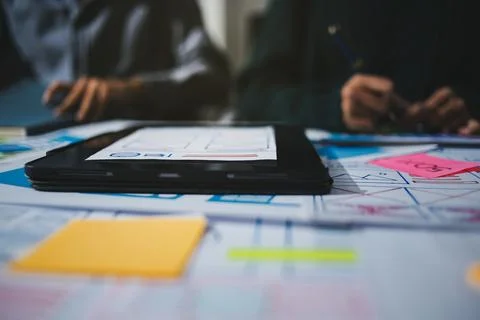 Team of UI UX web designer are working together to develop mobile responsiv.. Stock Photos