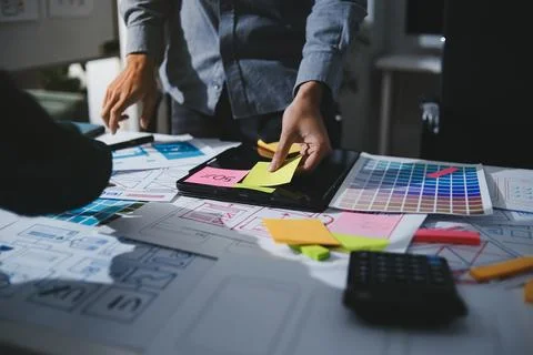 Team of UI UX web designer are working together to develop mobile responsiv.. Stock Photos