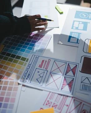 Team of UI UX web designer are working together to develop mobile responsiv.. Foto stock