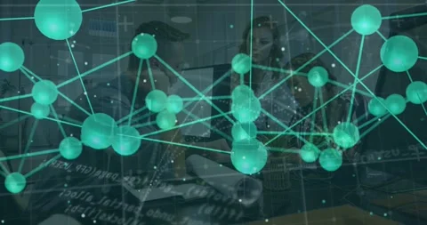 Team unrolling plan, leaning in as teal 3D network shifting, tapping tablet, Stock Footage 331046205