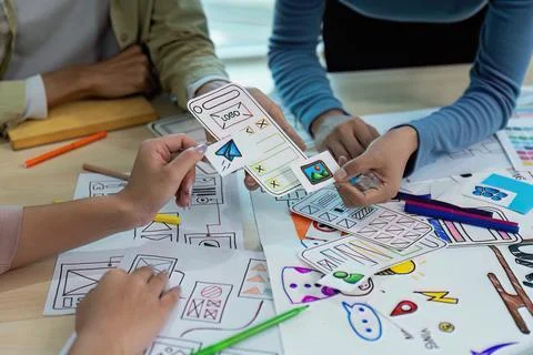 Team of ux developer and ui designer brainstorming interface wireframe design 스톡 사진