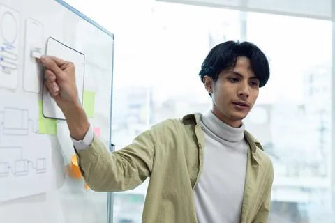 Team of ux developer and ui designer brainstorming interface wireframe design Stock Photos