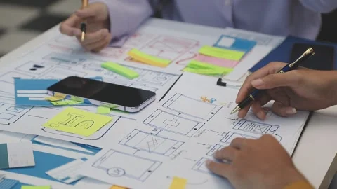 Team of uxui designers pointing at computer screen, discussing new mobile a.. Stock Footage 329540723