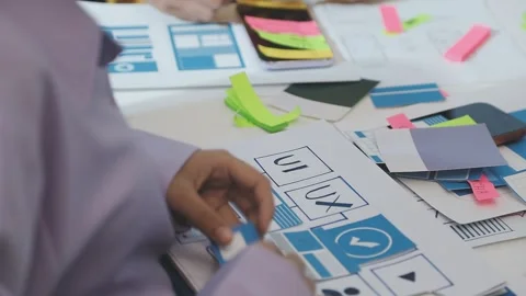 Team of uxui designers pointing at computer screen, discussing new mobile a.. Stock Footage 329540878