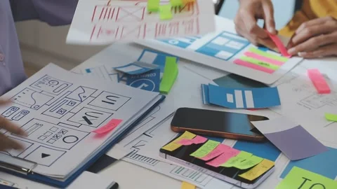 Team of uxui designers pointing at computer screen, discussing new mobile a.. Stock Footage 329540879