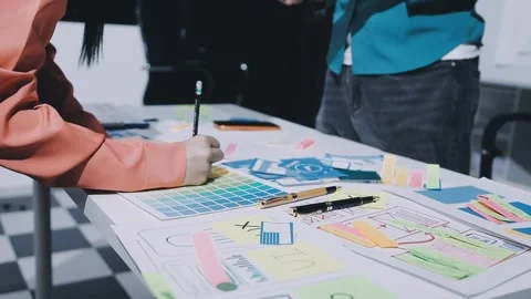 Team of uxui designers pointing at computer screen, discussing new mobile a.. Stock Footage 330325626