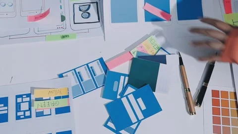 Team of uxui designers pointing at computer screen, discussing new mobile a.. Stock Footage 330325692