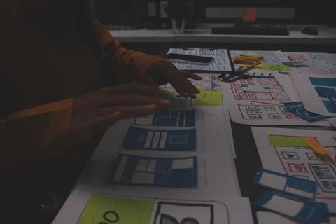 Team of uxui designers pointing at computer screen, discussing new mobile a.. 写真素材
