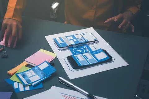 Team of uxui designers pointing at computer screen, discussing new mobile a.. Stock Photos