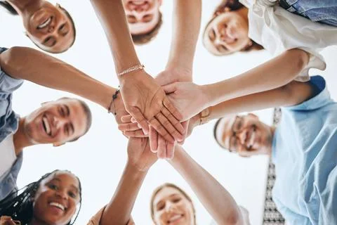 Team, vision and hands in support of team building activity with diverse Stock Photos