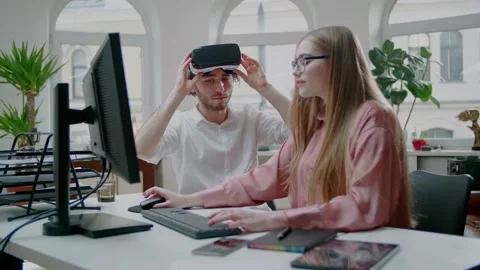 Team of VR Development Students Enjoy Headset at the Desk Working Online. Stock Footage 131029051
