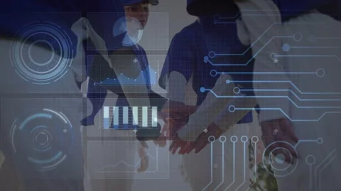 Team walking into ring, stacking hands showing unity, tech HUD overlaying scene Stock Footage 333975442