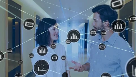 Team walking talking down corridor, icon appearing and forming business chart Stock Footage 333968581