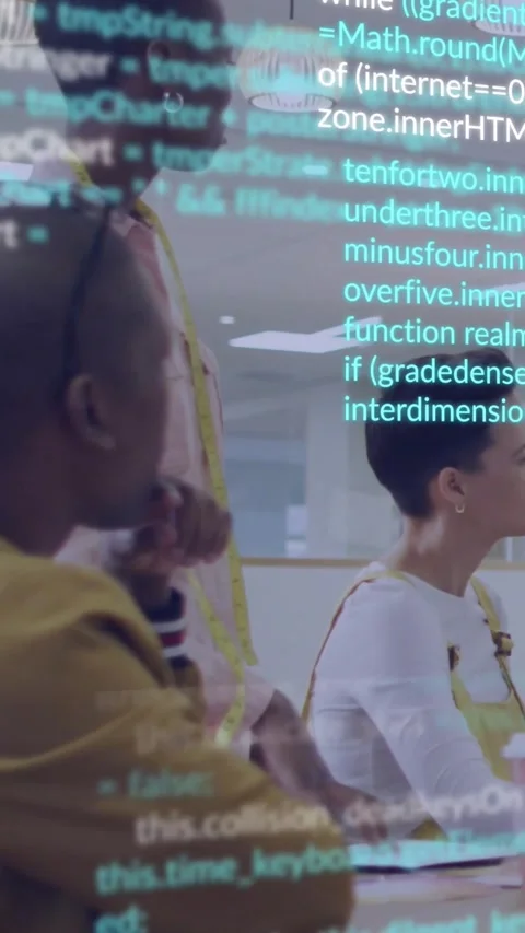 Team watching offscreen demo, standing woman pointing, code scrolling across Stock Footage 331009708
