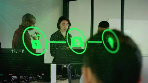 Team watching padlock icon appearing and shifting to folder then lightbulb Stock Footage 318545506