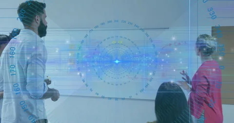 Team at whiteboard while red blazer leader writing diagrams using holographic Stockbeeldmateriaal 315543576