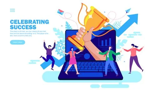 Team with winning trophy in hand from the computer screen with growth arrow, cel Stock-Illustration