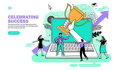 Team with winning trophy in hand from the computer screen with growth arrow, cel Stockillustratie